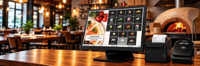 Restaurant POS terminal, receipt printer and card reader on a pizzeria counter