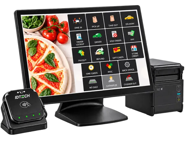 ePower POS restaurant setup: 15-inch touchscreen terminal, ID TECH VP3350 card reader and receipt printer