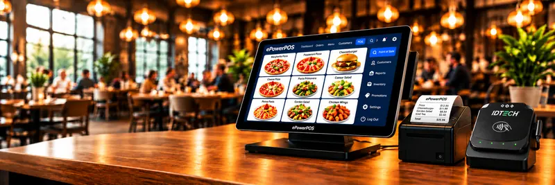 ePower POS restaurant touchscreen terminal showing menu items, with receipt printer and ID TECH card reader on a restaurant counter