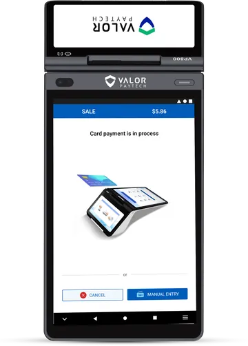 Valor VP800 all-in-one POS terminal with 8-inch merchant screen and 5-inch customer screen